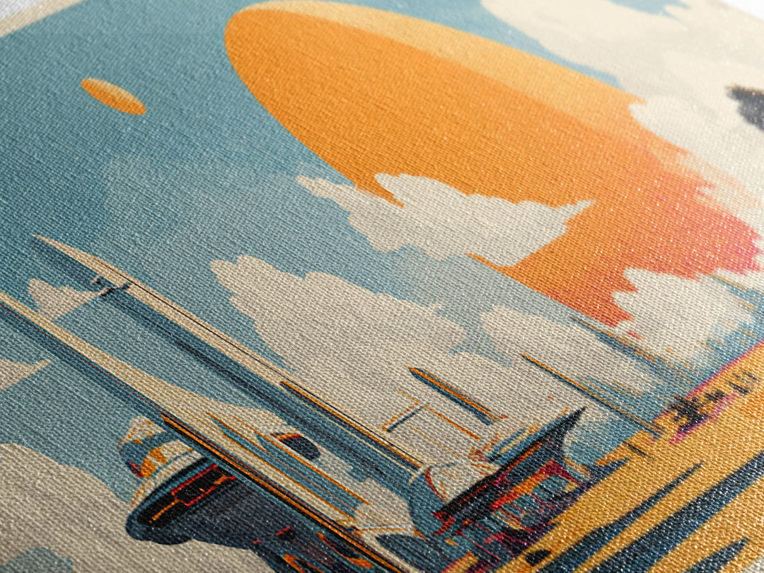 Retro Futuristic Expo Skyline Wall Art, Midcentury Modern Canvas Print, Orange Sun Space Age Architecture Large Poster Decor