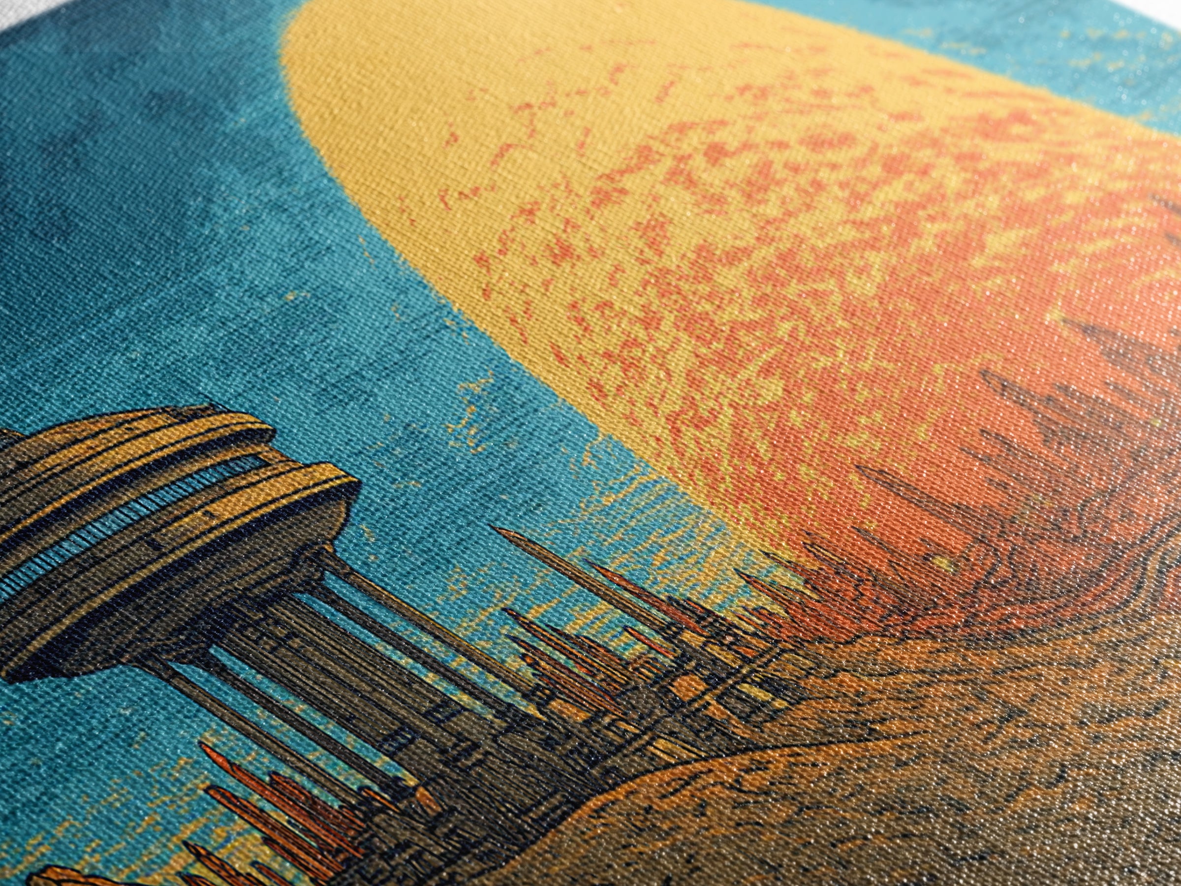 Alien Desert City Sunset Wall Art, Retro Futuristic Canvas Print, Mid Century Modern Sci Fi Landscape, Orange Sun Poster Decor