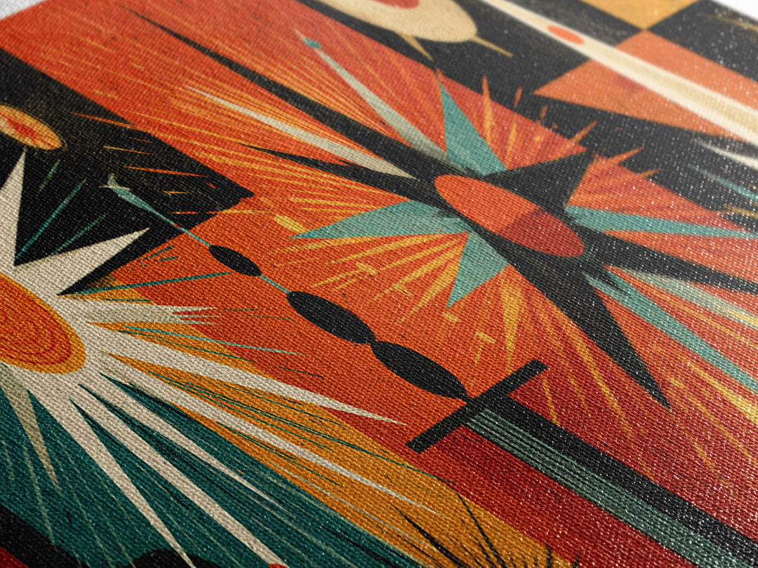 Orange Teal Atomic Sunburst Canvas Print, Midcentury Modern Geometric Space Age Poster, Bold MCM Wall Decor For Office Home