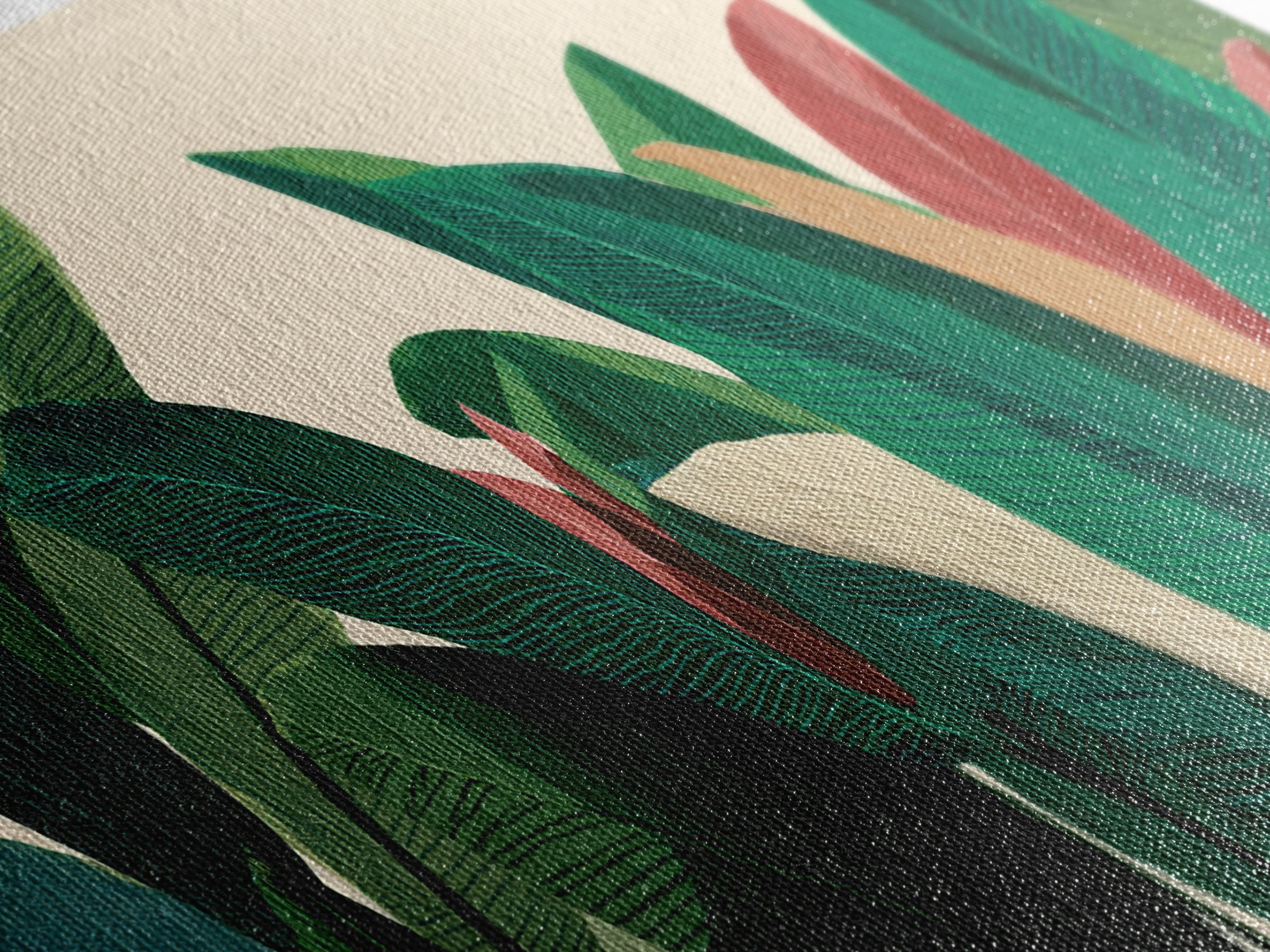 Deep Green Tropical Foliage With Coral Leaves Canvas Print, Botanical Wall Art, Midcentury Modern Decor, Boho Home Poster