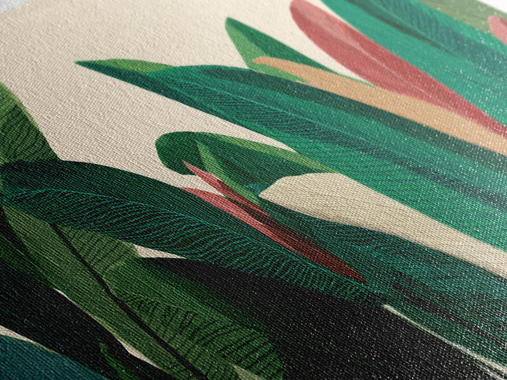 Deep Green Tropical Foliage With Coral Leaves Canvas Print, Botanical Wall Art, Midcentury Modern Decor, Boho Home Poster