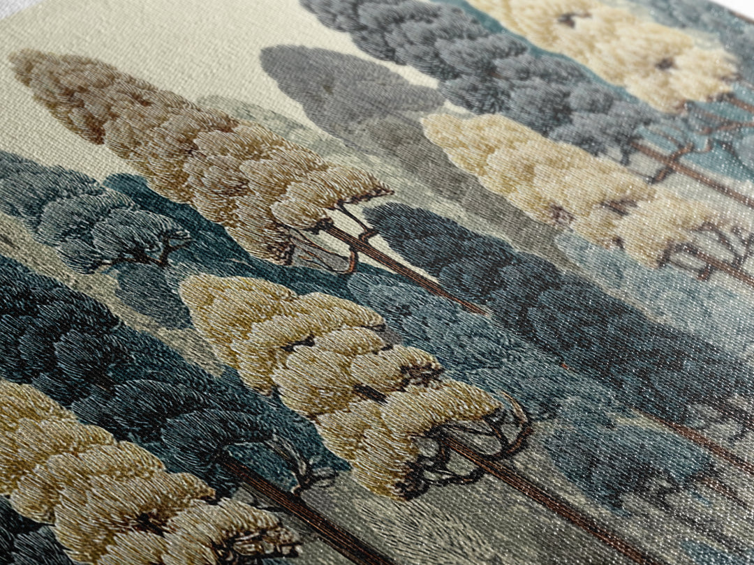 Layered Woodland Trees In Blue And Cream Wall Art, Scenic Nature Print, Midcentury Modern Decor, Large Rustic Forest Poster
