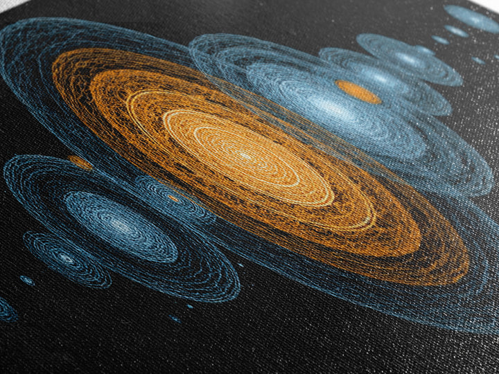 Planetary Orbit Circle Canvas Print, Midcentury Modern Space Wall Art, Blue Orange Geometric Decor, Atomic Abstract Poster