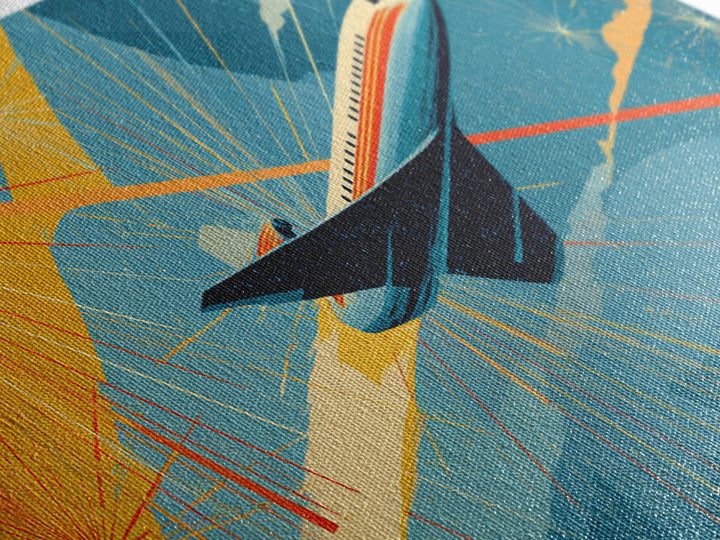 Jetliner Over Geometric Sunburst Canvas Print, Midcentury Modern Wall Decor, Retro Travel Poster, Atomic Aviation Art Gift