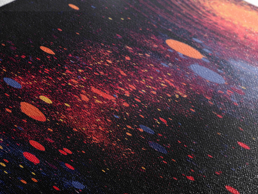 Orange Galaxy Burst With Orbiting Dots Canvas Print, Space Abstract Art, Cosmic Retro Wall Decor, Modern Art Poster, Home Decor