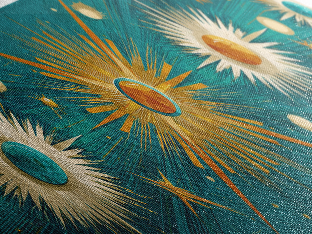 Teal Gold Celestial Sunburst Planets Wall Art, Modern Abstract Art Print, Art Deco Poster, Geometric Wall Decor, MCM Home Decor