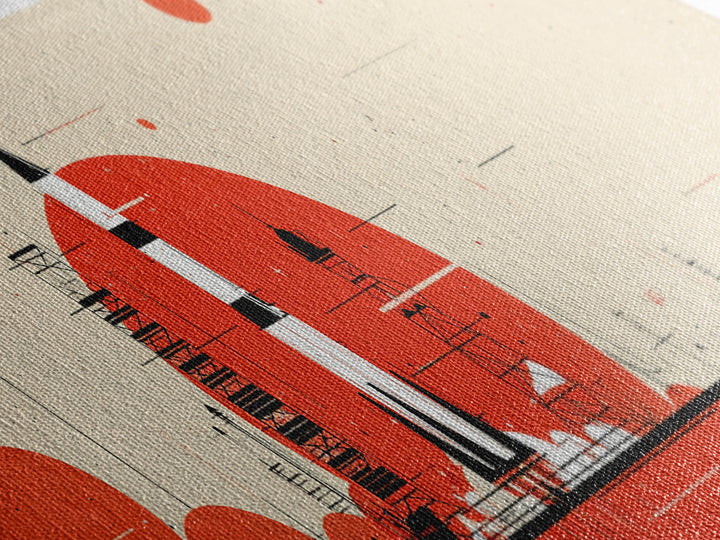 Minimal Red Rocket On Launch Pad Wall Art, Midcentury Modern Space Poster, Atomic Orange Sun Decor, Retro MCM Print Gift