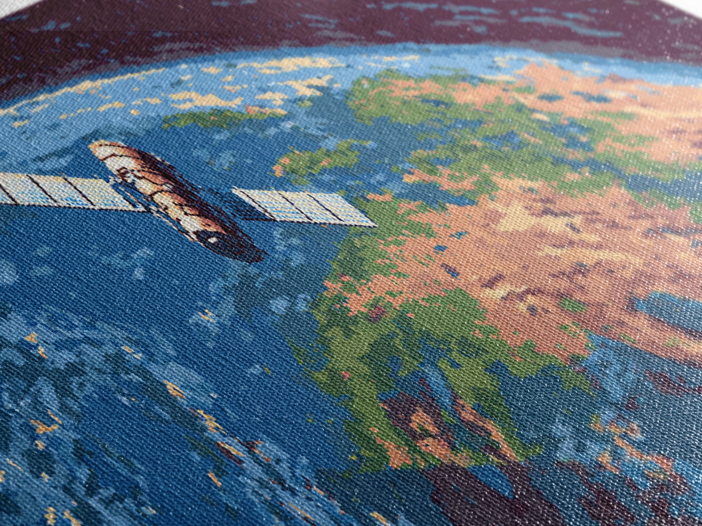 Satellite Above Blue Green Earth Wall Art, Panoramic Retro Space Poster, Midcentury Modern Art Print, Home Office Decor Gift