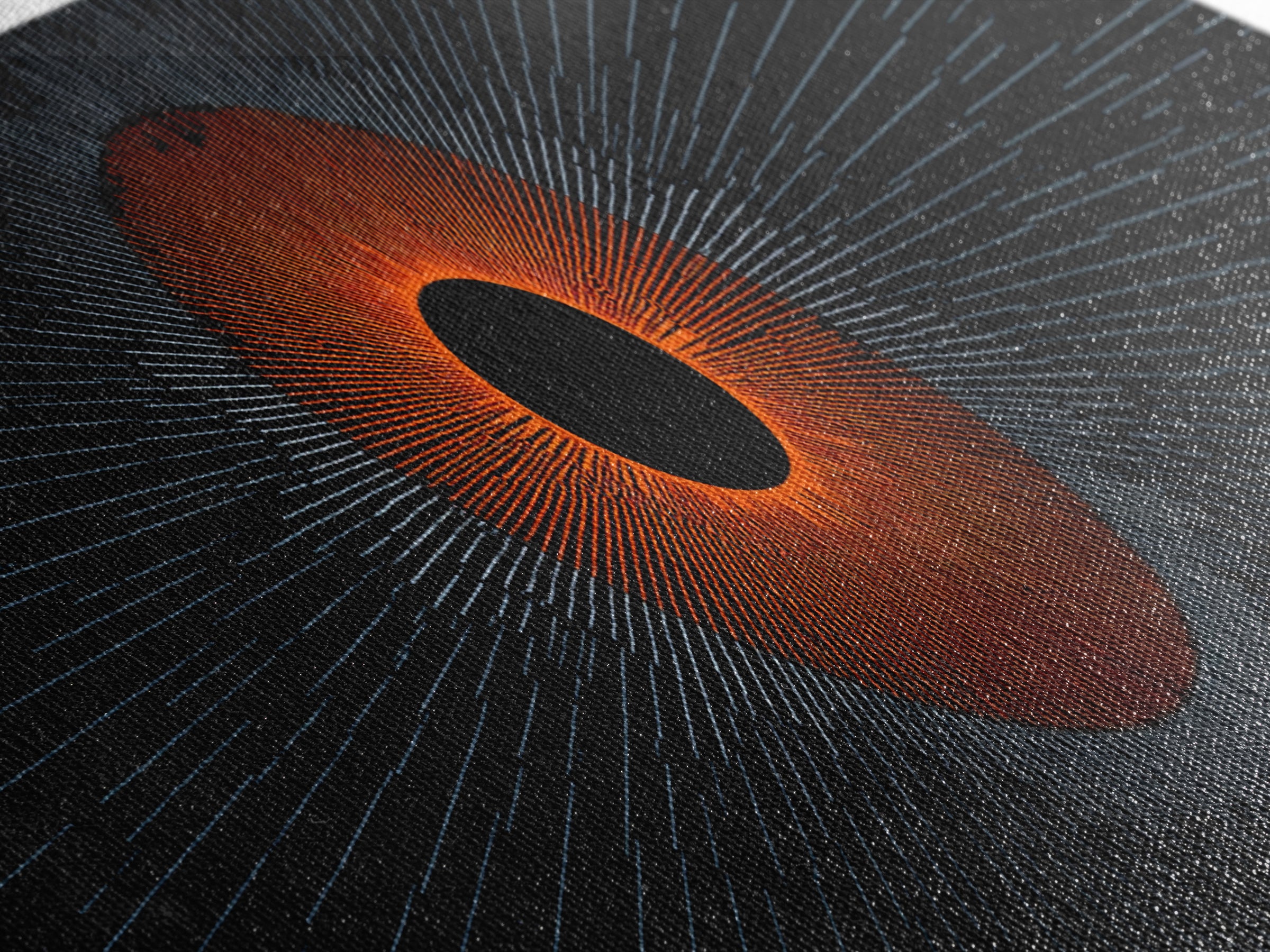 Orange Eclipse With Blue Radial Lines Wall Art, Abstract Sci Fi Space Poster, Midcentury Modern Decor, Geometric Print Gift