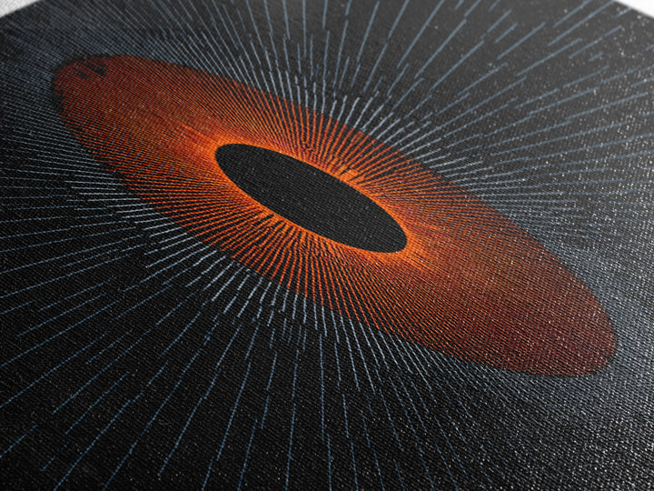 Orange Eclipse With Blue Radial Lines Wall Art, Abstract Sci Fi Space Poster, Midcentury Modern Decor, Geometric Print Gift