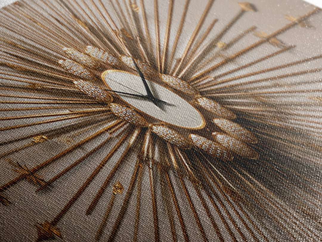 Gold Sunburst Clock Sculpture Framed Canvas Print, Mid Century Modern Wall Art, Hollywood Regency Decor For Living Room