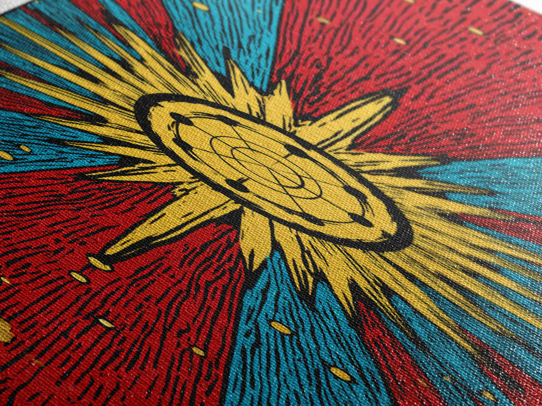 Radiant Atomic Sunburst And Orbiting Stars Canvas Print, Mid Century Modern Wall Art, Retro Space Decor, Bold MCM Poster