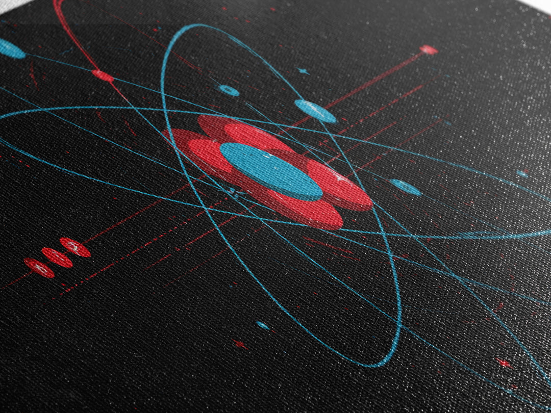 Red And Blue Atomic Orbit Diagram Canvas Print, Mid Century Modern Wall Art, Minimalist Science Poster, Space Age Decor Print