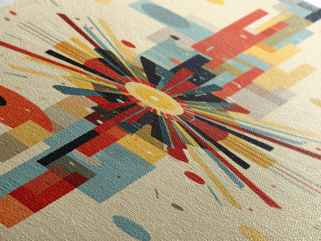 Geometric Atomic Burst With Circles And Lines Canvas Print, Mid Century Modern Wall Art, Bauhaus Poster, Colorful Decor Print
