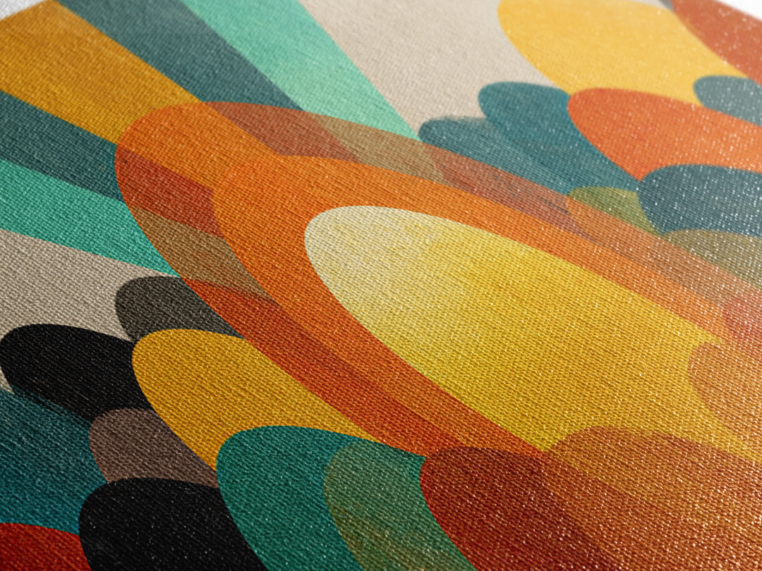 Layered Sun Rising Over Retro Hills Canvas Print, Mid Century Modern Wall Art, Colorful Landscape Poster, MCM Home Decor