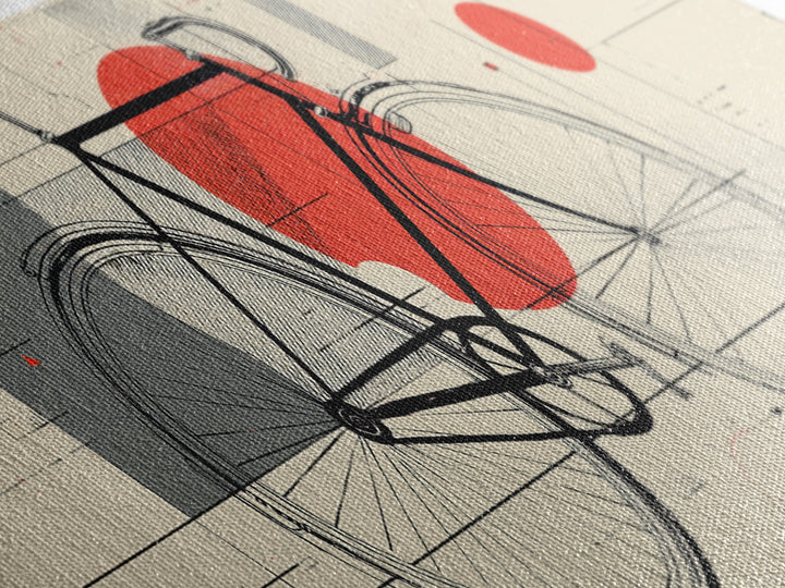 Minimalist Black Bicycle Wall Art, Red Sun Bauhaus Canvas Print, Midcentury Modern Cycling Poster, Graphic Office Decor Art Print