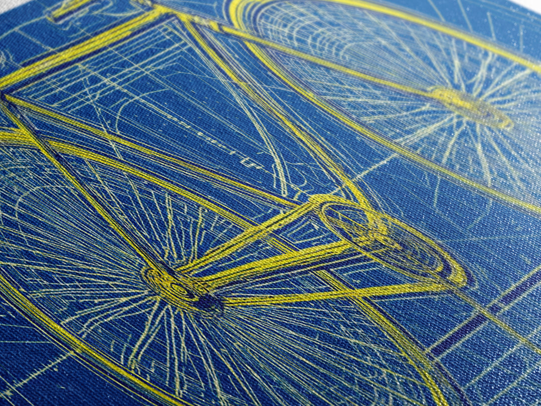 Blue Yellow Bicycle Blueprint Canvas Print, Mid Century Modern Wall Art, Cycling Poster, Geometric Retro Office Decor Gift