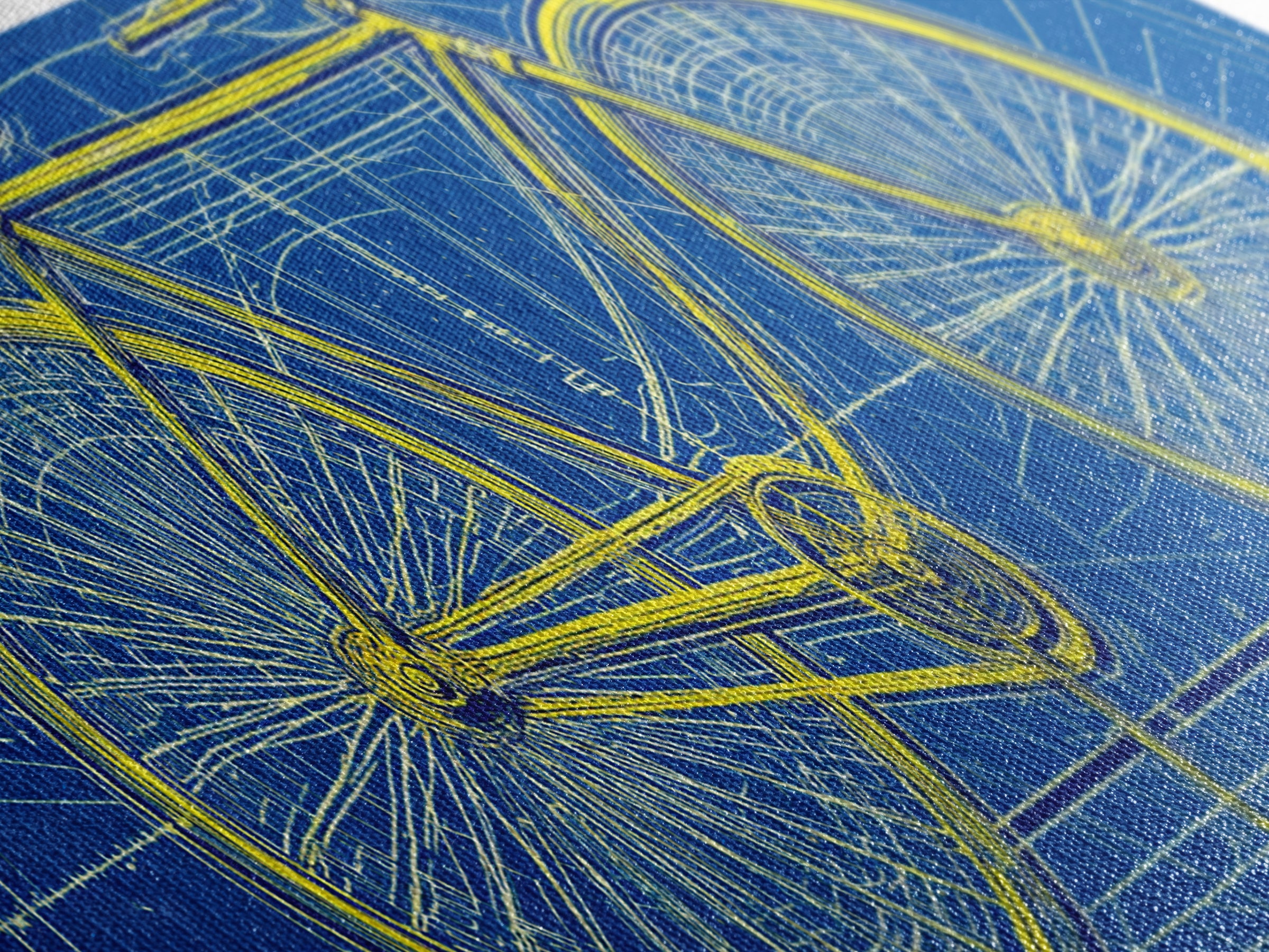 Blue Yellow Bicycle Blueprint Canvas Print, Mid Century Modern Wall Art, Cycling Poster, Geometric Retro Office Decor Gift