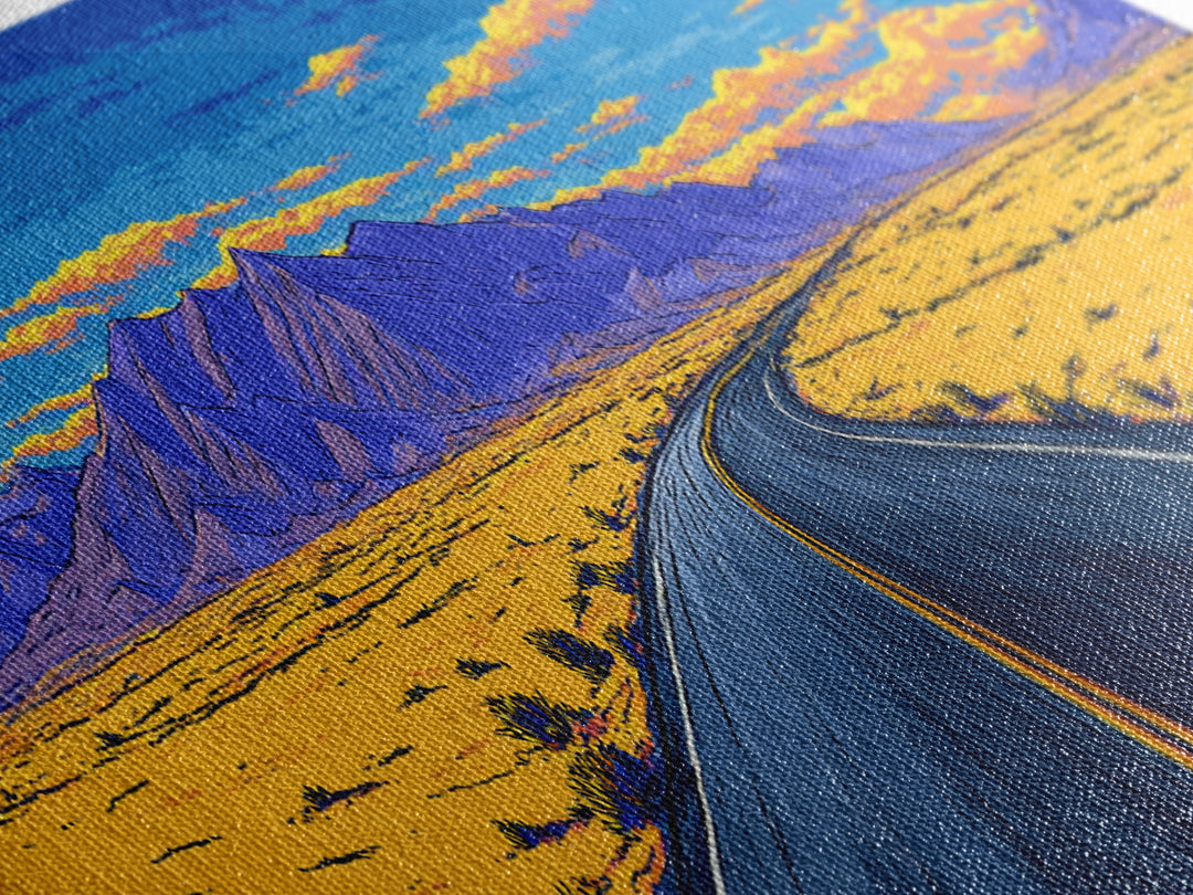 Vibrant Desert Highway And Purple Mountains Wall Art, Mid Century Modern Landscape Poster, Retro Road Trip Home Decor Print