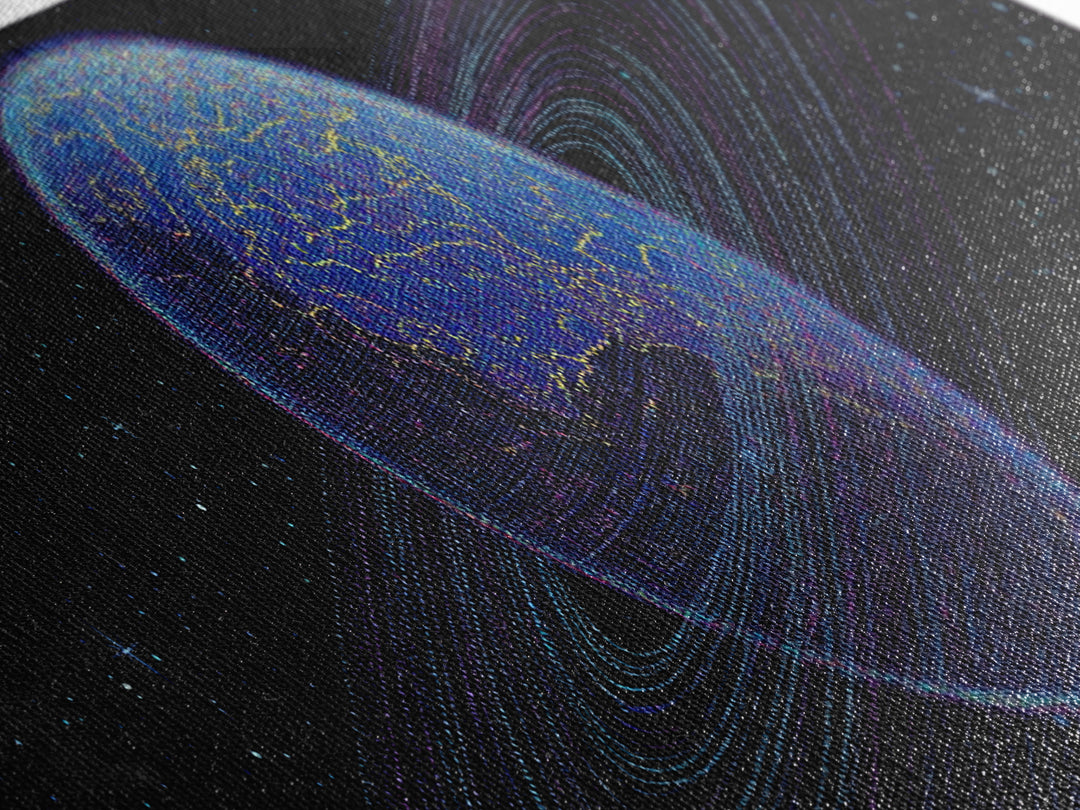 Ringed Blue Planet In Starry Space Canvas Print, Retro Sci Fi Wall Decor, Modern Digital Art Poster For Office And Bedroom