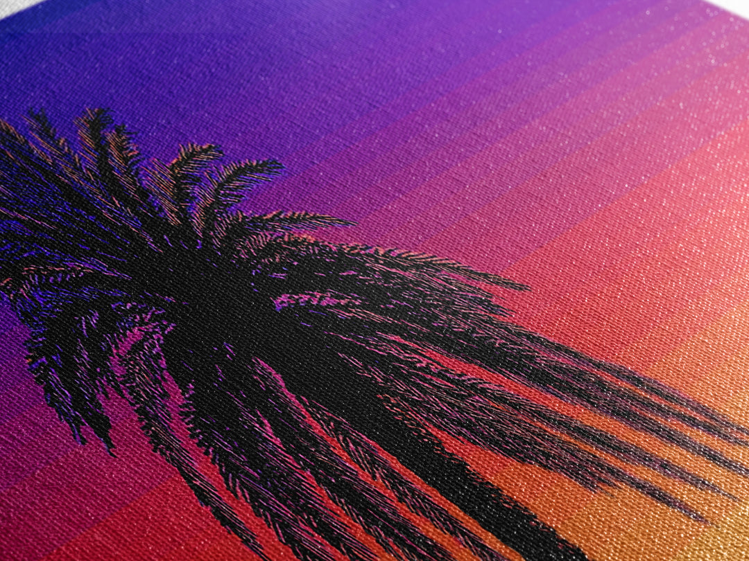 Vibrant Double Palm Sunset Framed Canvas Print, Retro 70s Wall Decor, Tropical Palm Springs Art, Colorful Bedroom Poster