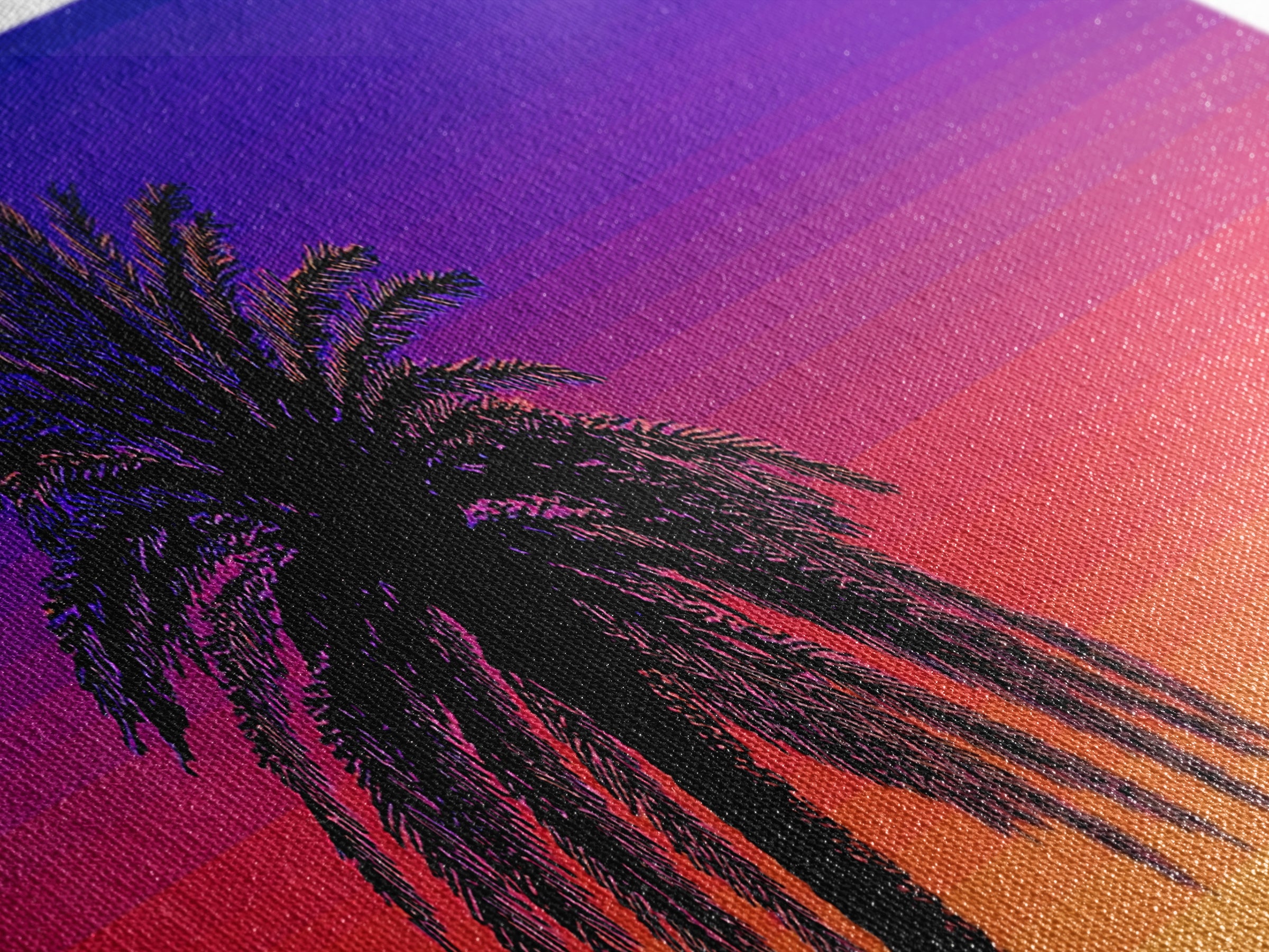 Vibrant Double Palm Sunset Framed Canvas Print, Retro 70s Wall Decor, Tropical Palm Springs Art, Colorful Bedroom Poster