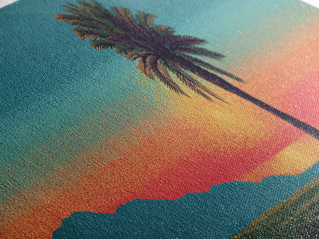 Grainy Palm Mountain Sunset Wall Art, Retro California Landscape Print, Teal Orange Mid Century Decor, Tropical Living Room Art