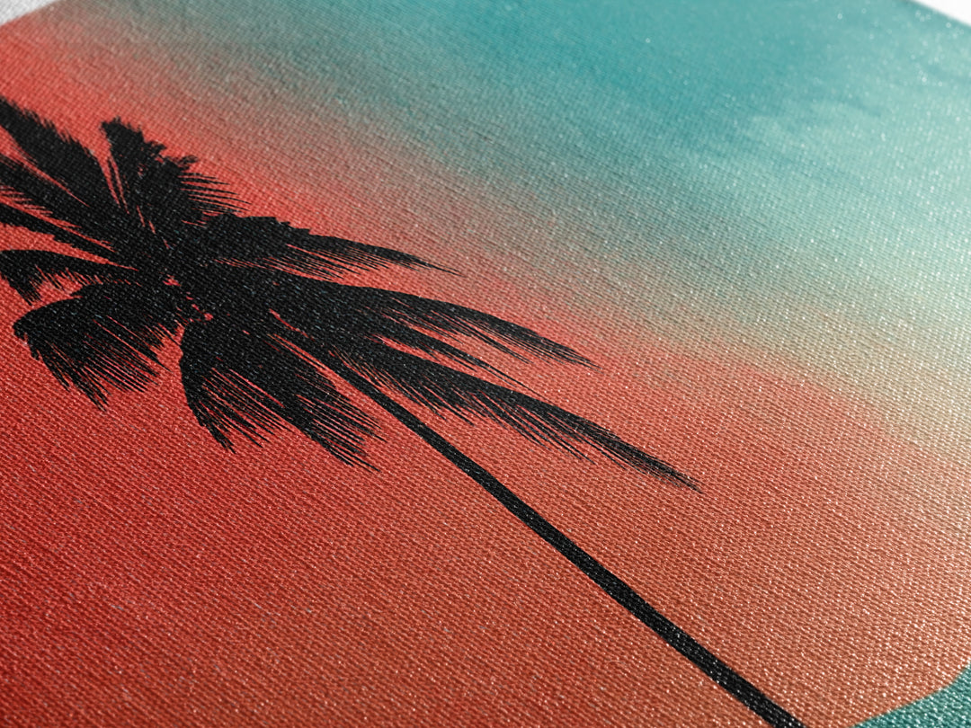 Leaning Palm Teal Coral Sky Wall Art, Retro Desert Landscape Print, Mid Century Modern Decor, Tropical California Poster