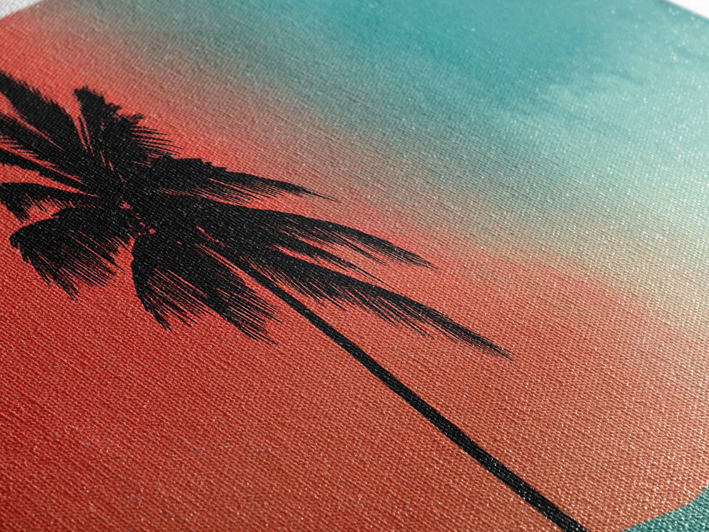 Leaning Palm Teal Coral Sky Wall Art, Retro Desert Landscape Print, Mid Century Modern Decor, Tropical California Poster