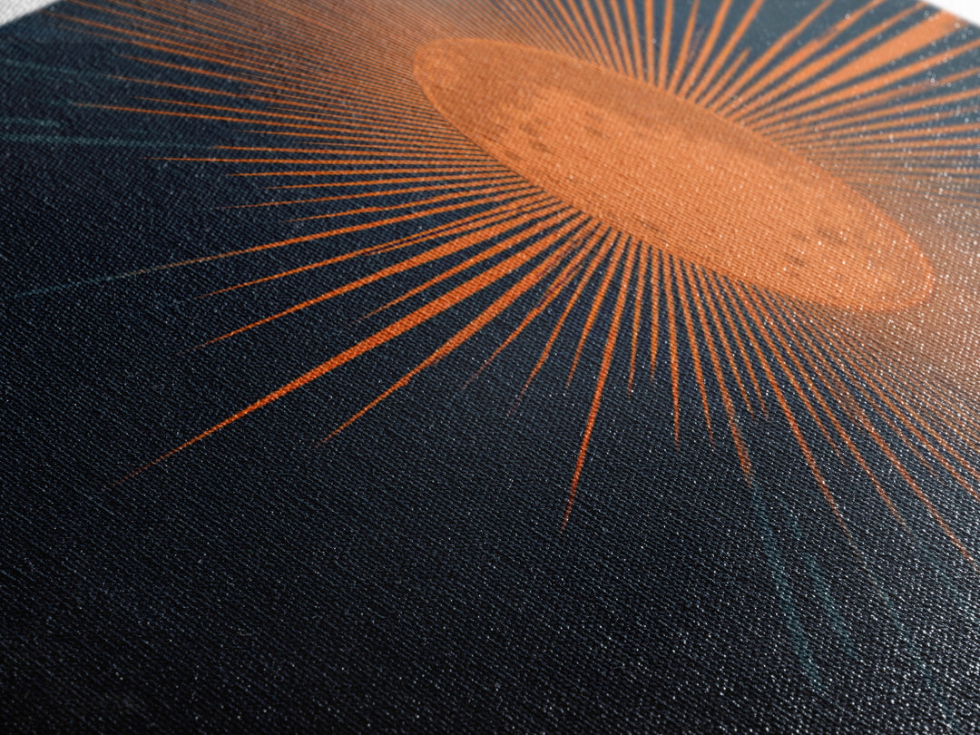 Orange Radiant Sunburst Wall Art, Atomic Mid Century Modern Print, Dark Navy Geometric Decor, Bold Solar Living Room Poster
