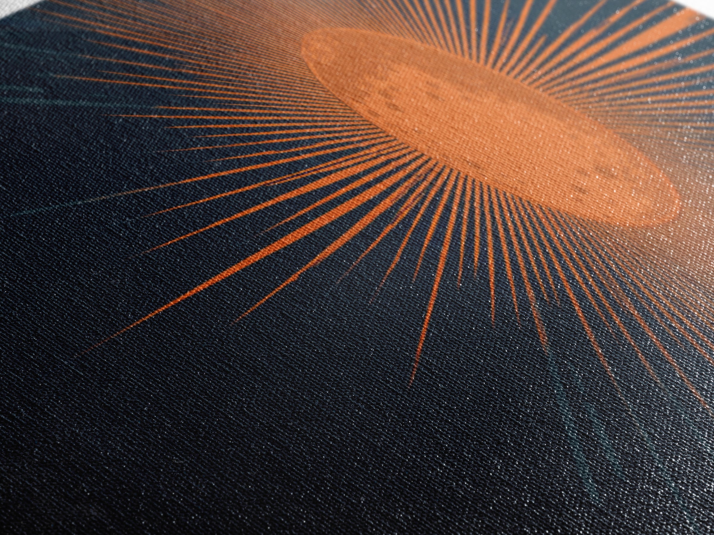 Orange Radiant Sunburst Wall Art, Atomic Mid Century Modern Print, Dark Navy Geometric Decor, Bold Solar Living Room Poster