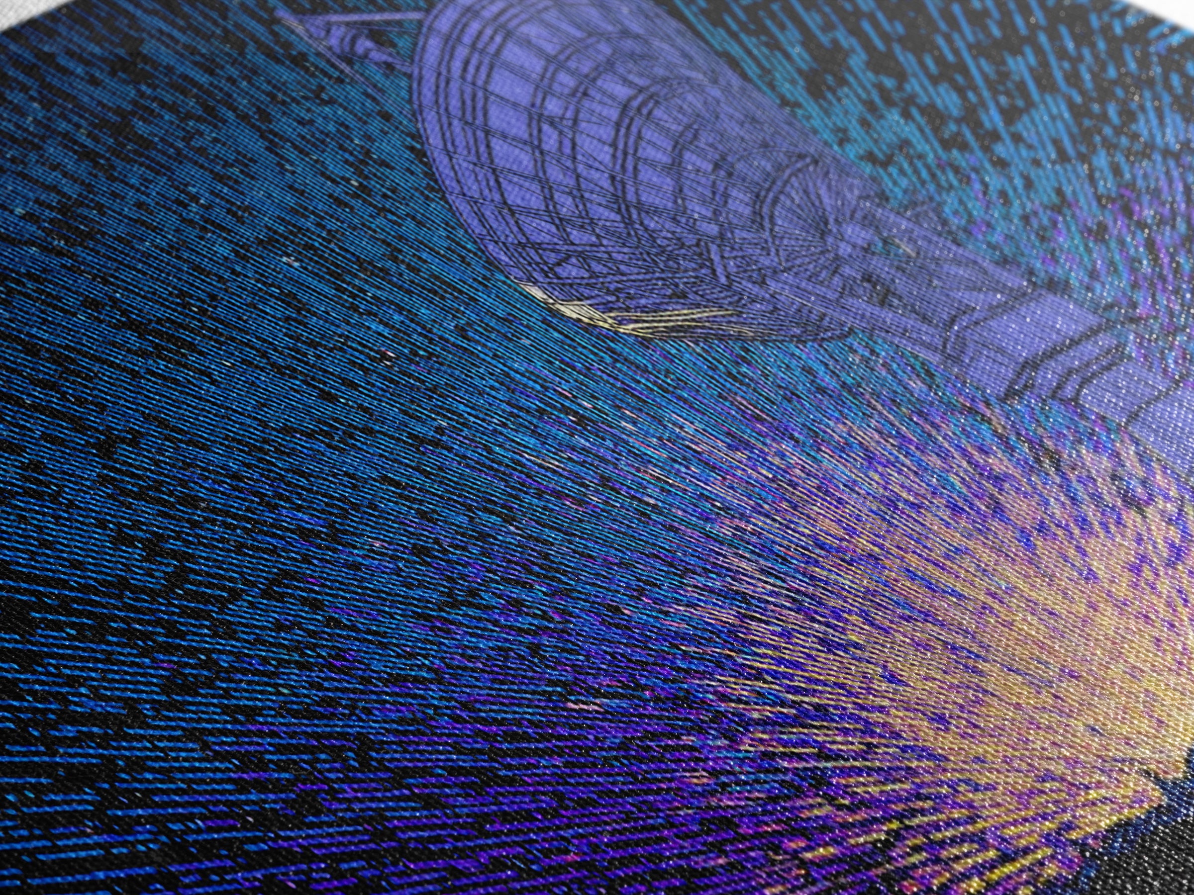 Blue Radio Telescope Starburst Wall Art, Retro Sci Fi Observatory Poster, Mid Century Modern Space Decor, Panoramic Canvas Print