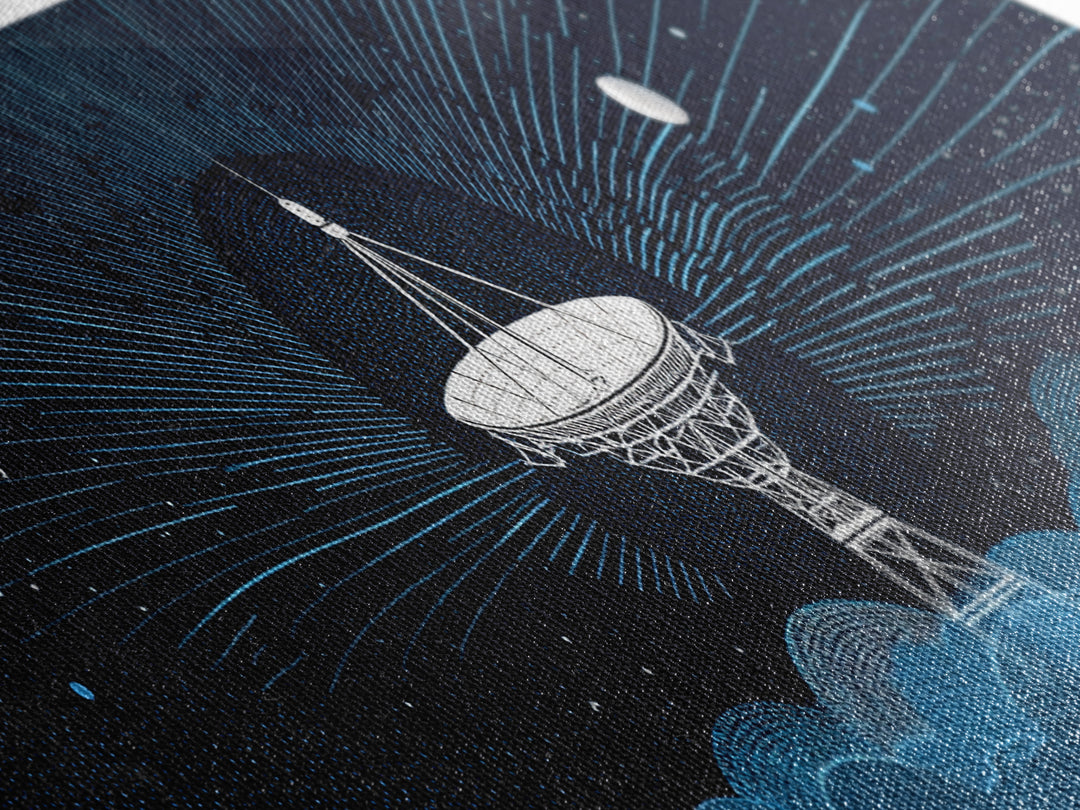 White Radio Telescope Moonlit Wall Art, Retro Sci Fi Observatory Print, Mid Century Modern Space Poster, Blue Panoramic Decor