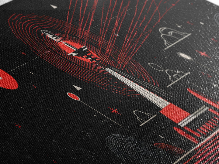 Red Observatory Beacon Wall Art, Retro Sci Fi Space Poster, Mid Century Modern Atomic Radio Telescope Panoramic Canvas Print