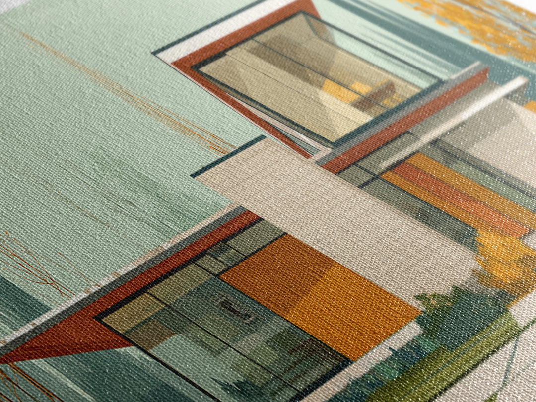 Midcentury Glass House Autumn Landscape Wall Art, Modern Architecture Print, MCM Decor, Retro Home Decor, Large Canvas Print