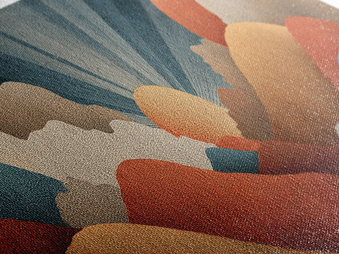 Textured Sun And Twin Clouds Over Rolling Hills Wall Art, Midcentury Modern Print, Retro Earth Tone Decor, Abstract Canvas