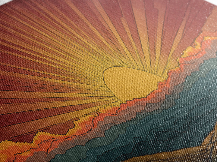 Radiant Orange Sunset Behind Blue Mountains Canvas Print, Midcentury Sun Wall Art, Retro Landscape Decor, MCM Home Poster