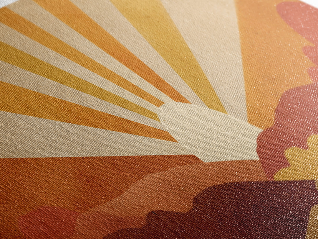 Warm Orange Sun Rays Over Abstract Hills Wall Art, Midcentury Modern Print, Retro Desert Decor, Minimalist Canvas Poster