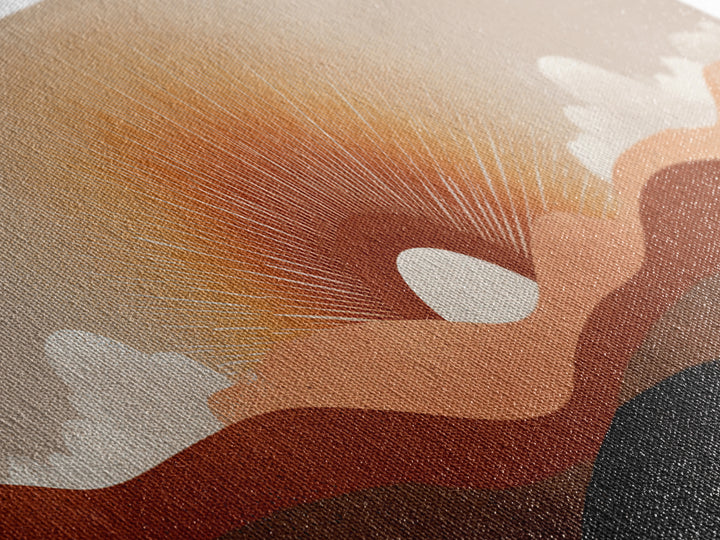 Minimalist Half Sun Over Layered Desert Hills Canvas Print, Midcentury Wall Art, Neutral Retro Decor, Boho Abstract Poster