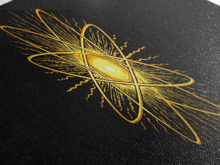 Golden Atomic Star On Black Canvas Print, Midcentury Modern Art, Retro Space Poster, Geometric Wall Decor, MCM Abstract Art