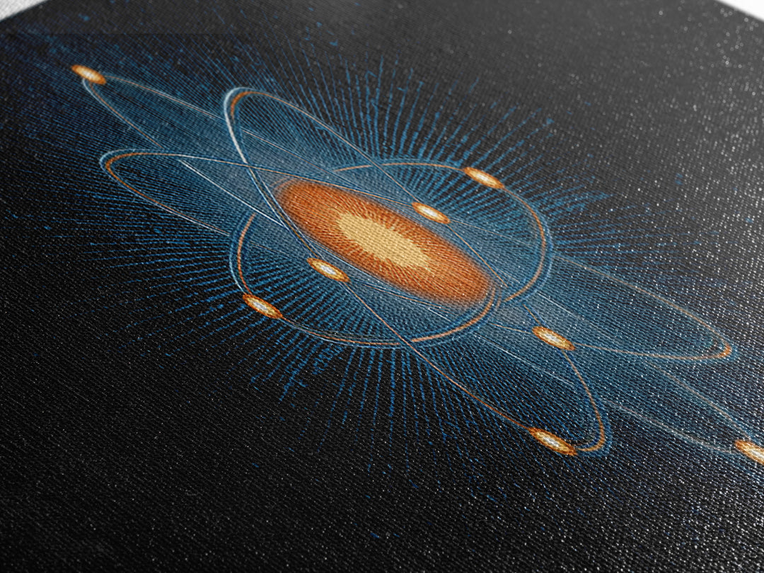 Blue Particle Atom With Orange Core Wall Art, Retro Science Poster, Midcentury Modern Decor, Space Abstract Art, MCM Print