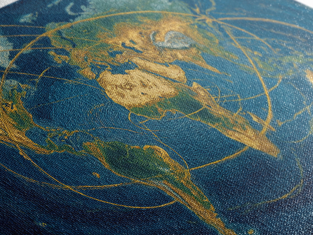 Golden World Map With Orbital Routes Wall Art, Panoramic Modern Art Print, Travel Wall Decor, Office Decor, Blue Gold Poster