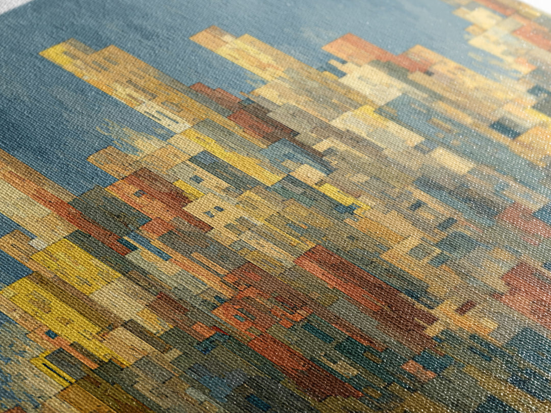 Sunlit Abstract City Skyline Wall Art, Blue And Yellow Urban Print, Midcentury Modern Decor, Living Room Office Art Decor