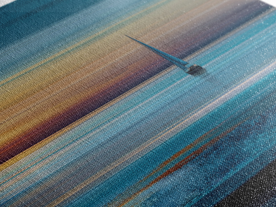 Lone Sailboat At Teal Sunset Seascape Wall Art, Panoramic Ocean Canvas, Coastal Living Room Decor, Modern Blue Art Print