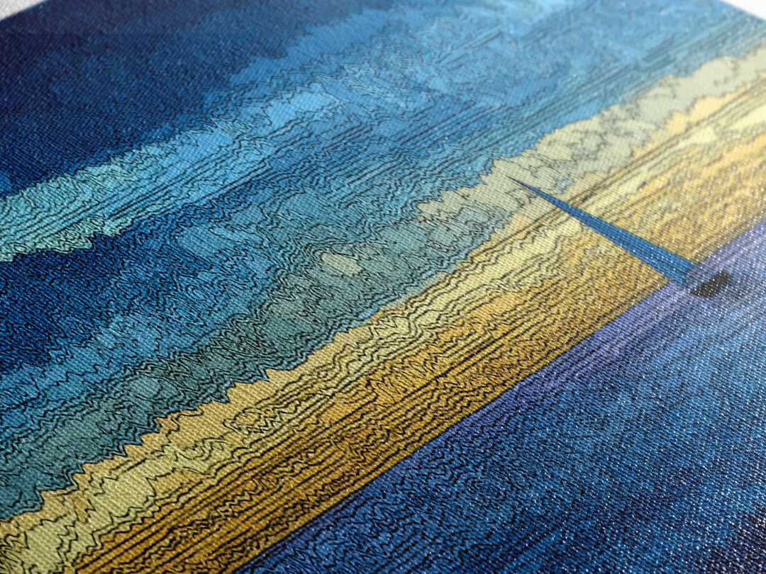 Tiny Sailboat On Golden Blue Horizon Canvas Print, Panoramic Seascape Wall Decor, Coastal Modern Art For Living Room Decor