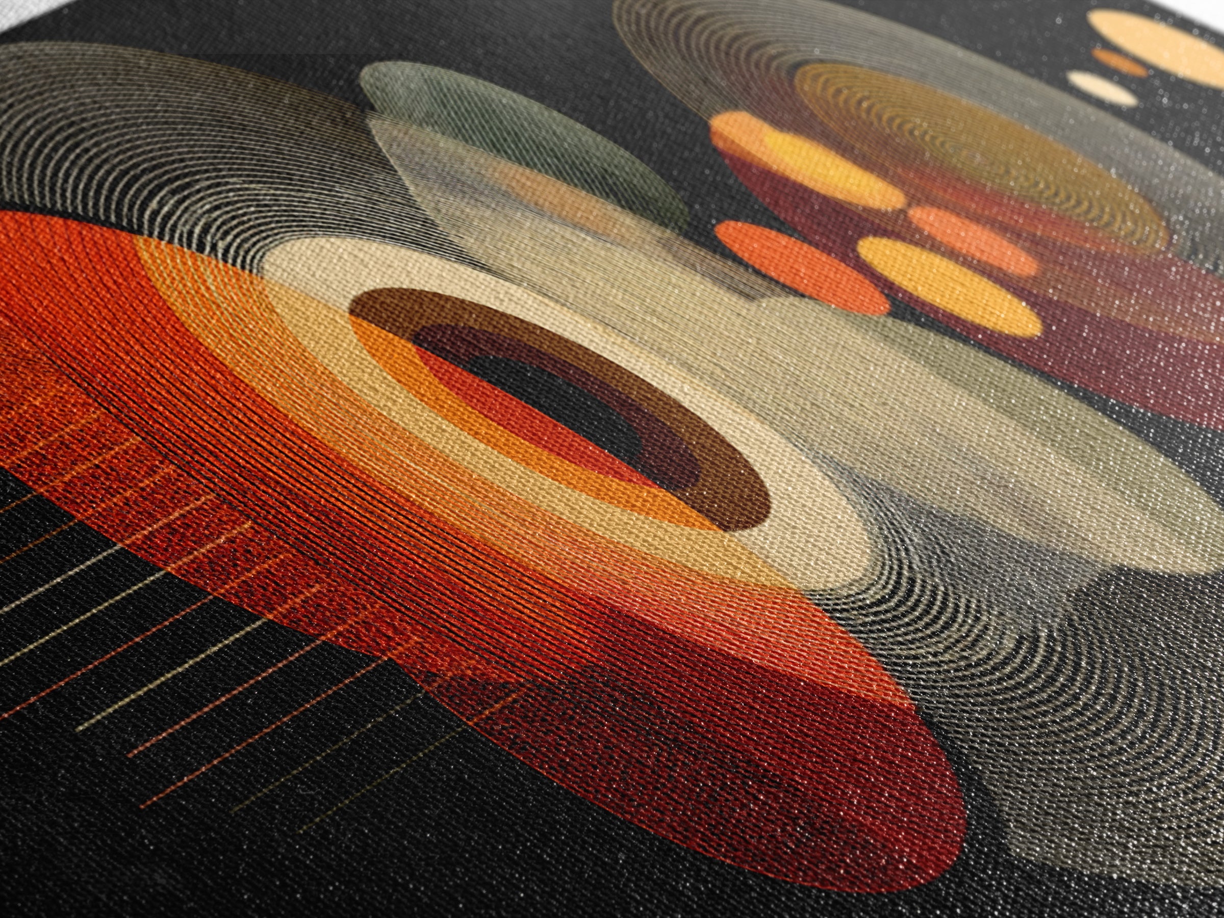 Orange Optical Circles On Black Wall Art, Midcentury Modern Geometric Canvas Print, Atomic Abstract Retro Home Decor Poster