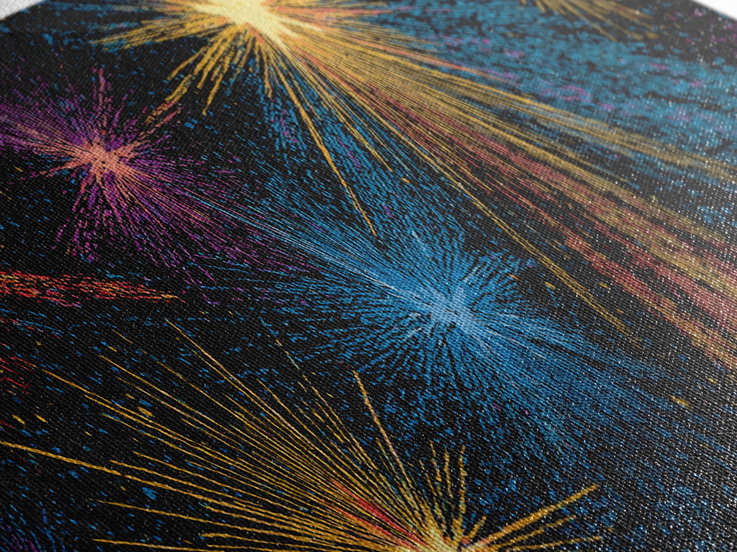 Dark Cosmic Fireworks With Blue Orange Purple And Gold Canvas Print, Retro Space Abstract Wall Art, Midcentury Modern Decor