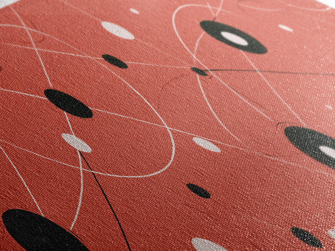 Coral Atomic Orbit Abstract With Black And White Dots, Midcentury Modern Wall Art, Retro Space Poster, MCM Home Decor, Large Canvas Print