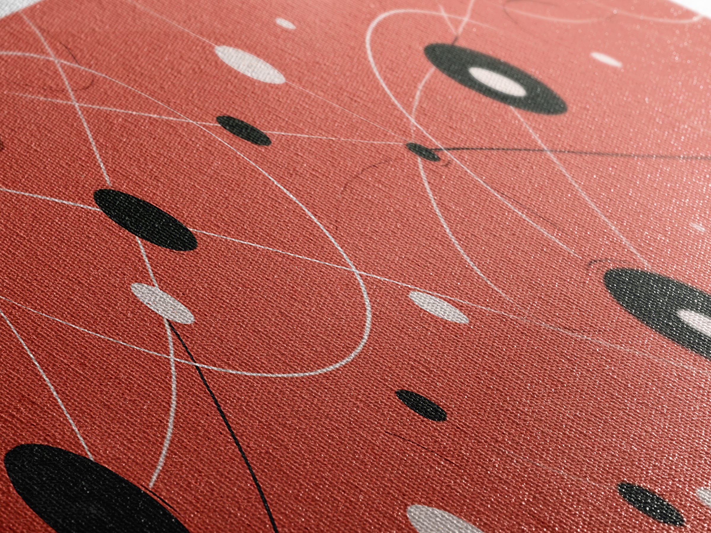 Coral Atomic Orbit Abstract With Black And White Dots, Midcentury Modern Wall Art, Retro Space Poster, MCM Home Decor, Large Canvas Print