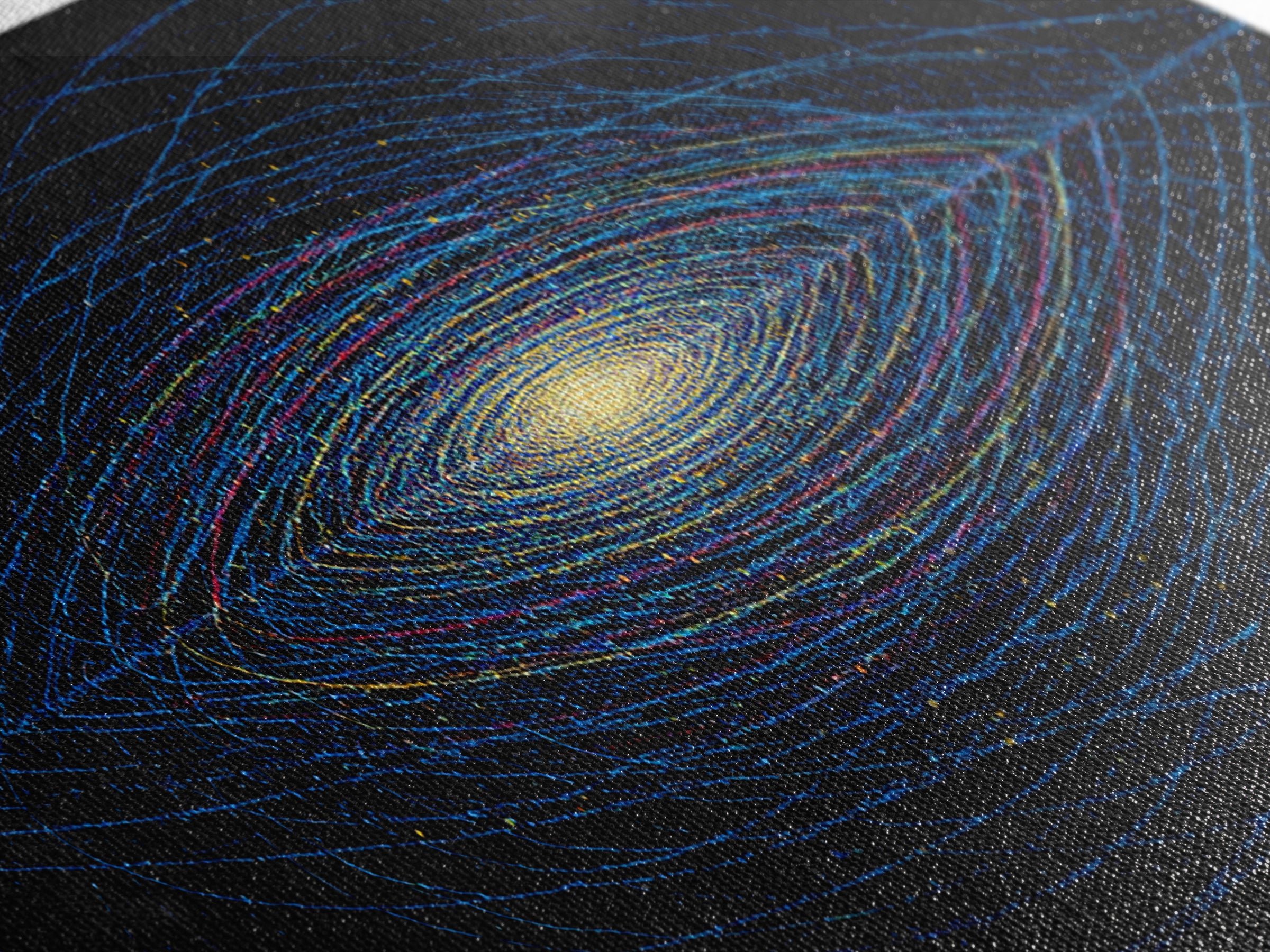 Blue Orbital Galaxy Lines On Black With Yellow Center, Space Abstract Wall Art, Modern Digital Art Print, Sci Fi Canvas Print